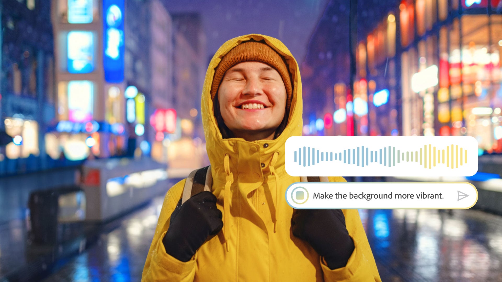 AI image editing voice interface in Adobe Photoshop with chat prompt overlay