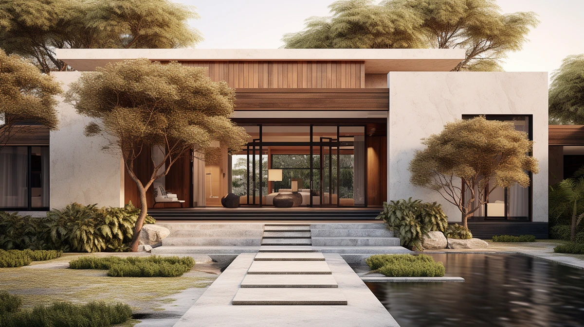Midjourney v7 branding — Japandi-style architecture exterior with warm wood and stone