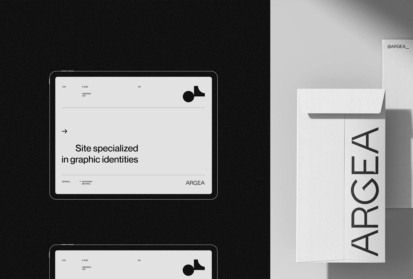 Argea brand identity design black and white business card set on concrete surface