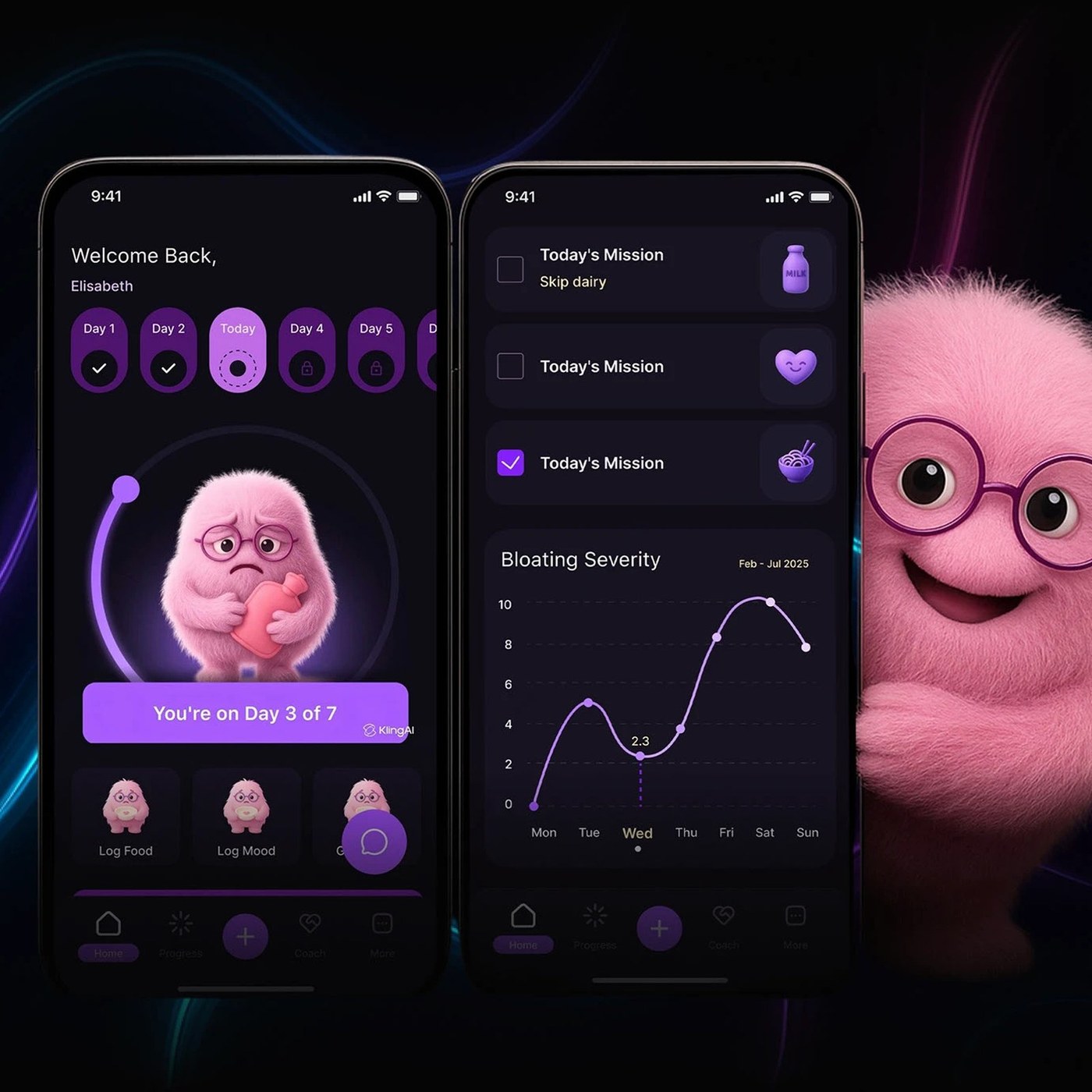 Unbloated dark-theme wellness app by Farba Digital