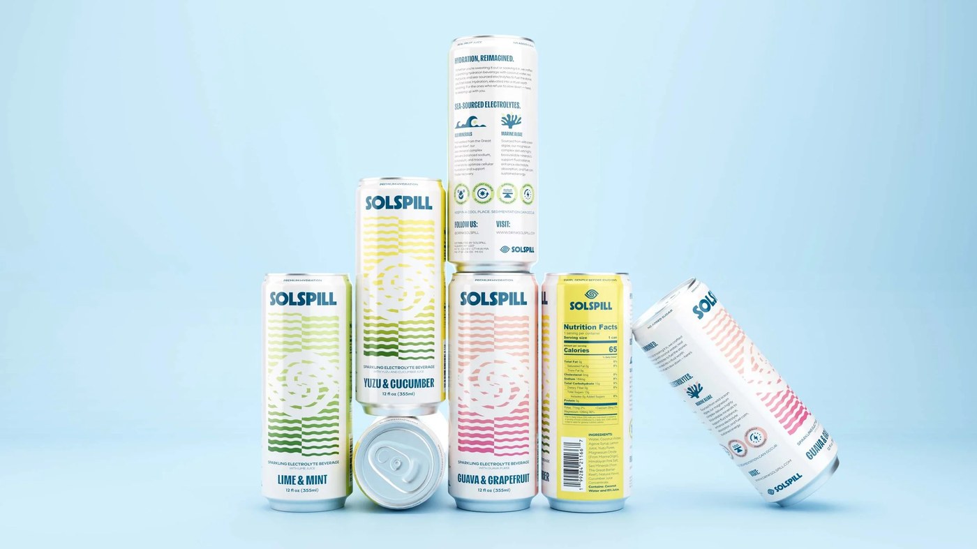 Solspill beverage packaging design premium hydration brand overview by Holman Design