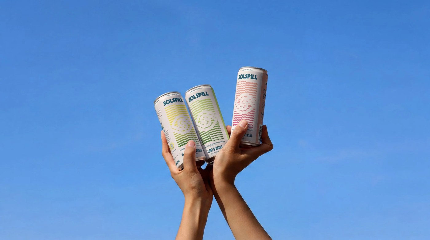 Solspill beverage packaging design can and packaging composition by Holman Design