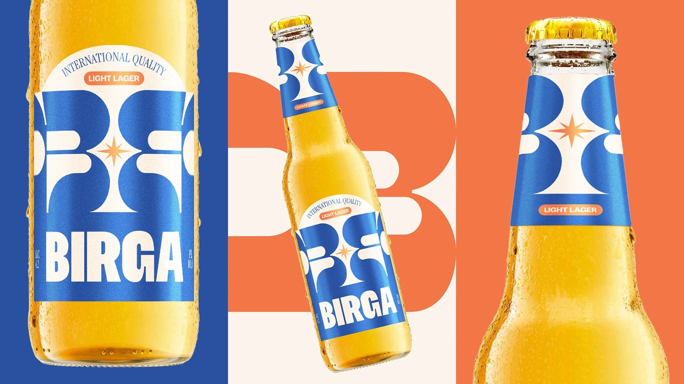 Birga beer packaging design oversized B letterform label flat design