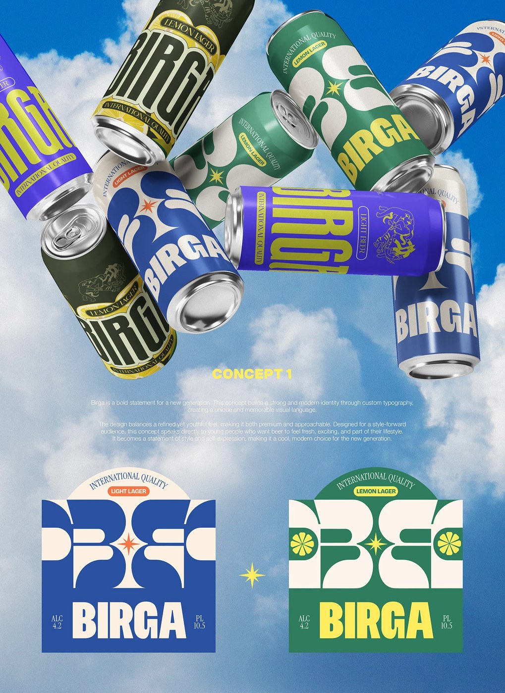 Birga beer packaging design Light Lager and Lemon Lager bold typography two-color variants