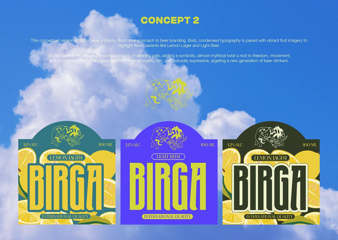 Birga beer packaging design bottle trio saturated orange background bold B letterform