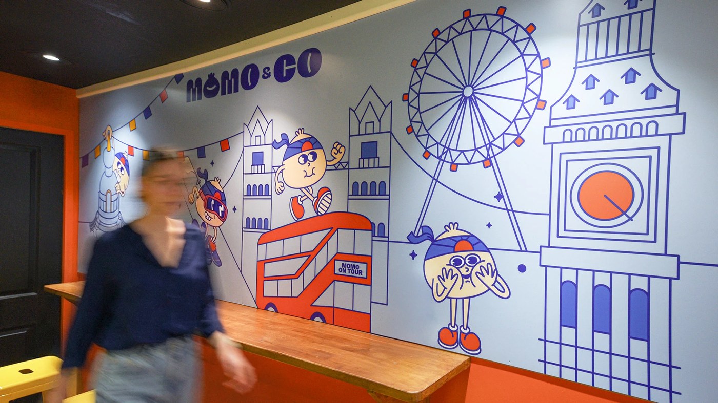 Momo & Co restaurant brand identity packaging and environmental graphics by Brandtown Studio