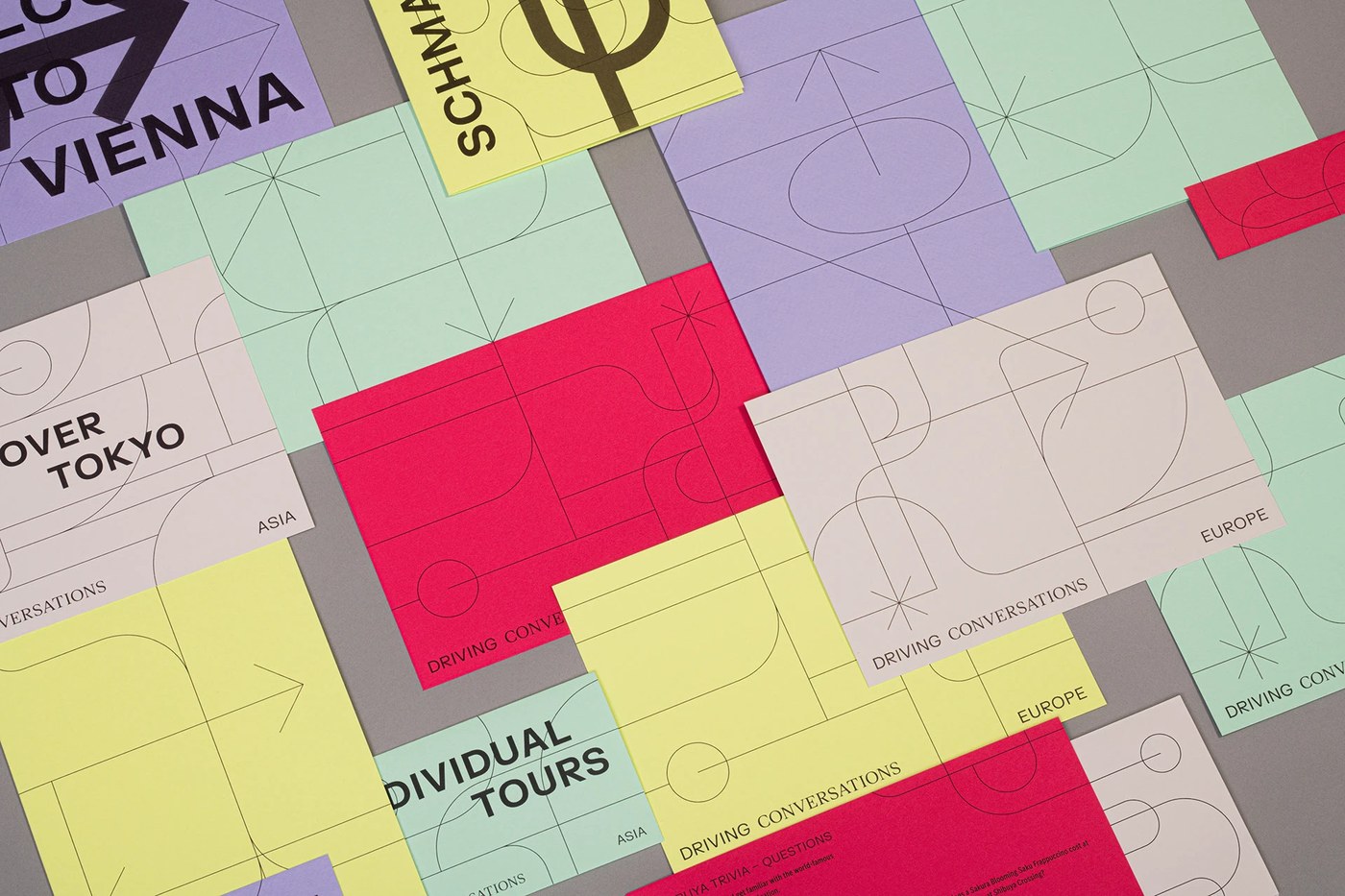 visual identity featuring abstract yellow and violet lines on a white background