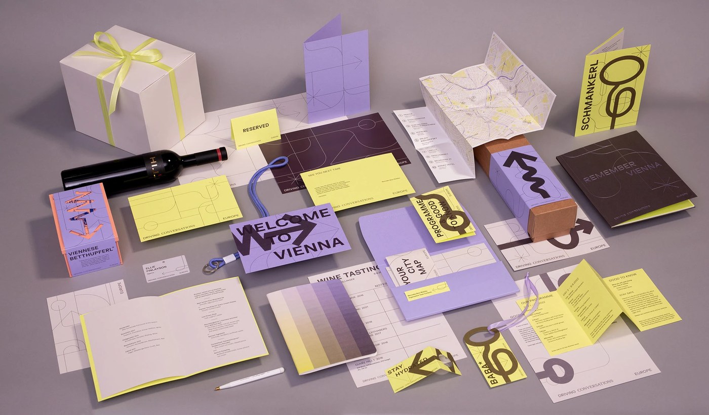 overview of the visual identity system applied to various event materials