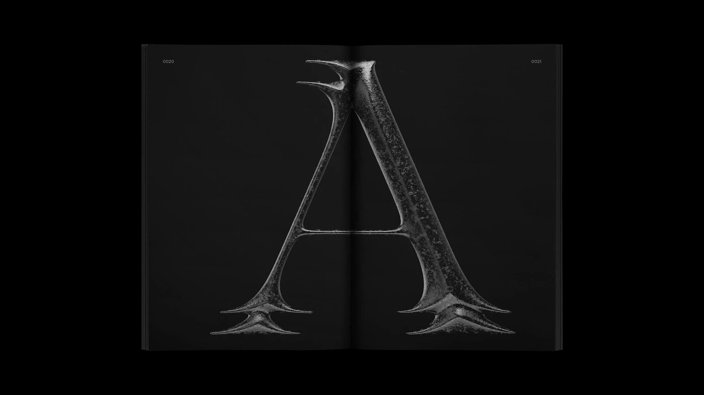 display serif typeface design rendering of the letter A with biomechanical spikes