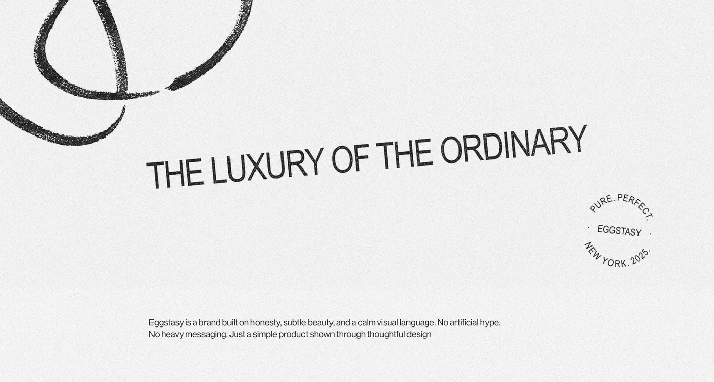 Eggstasy logo brand identity tagline THE LUXURY OF THE ORDINARY with circular stamp mark