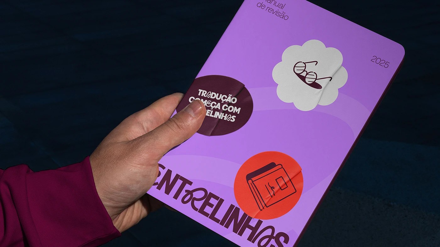 Entrelinhas brand identity design halftone portrait on deep maroon field by Chá de Bold Estúdio