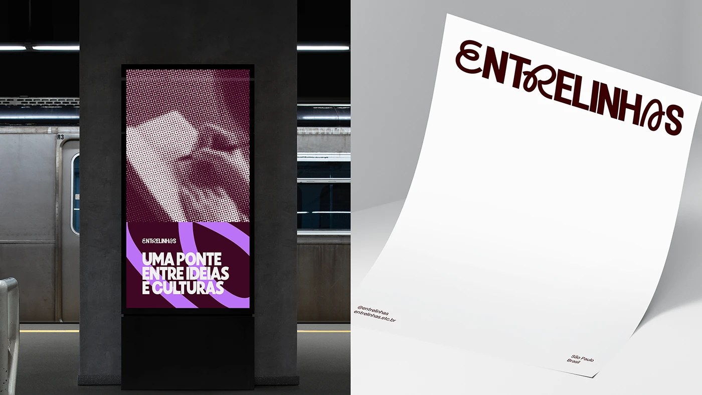 Entrelinhas brand identity design business cards in maroon and lavender 2x2 grid