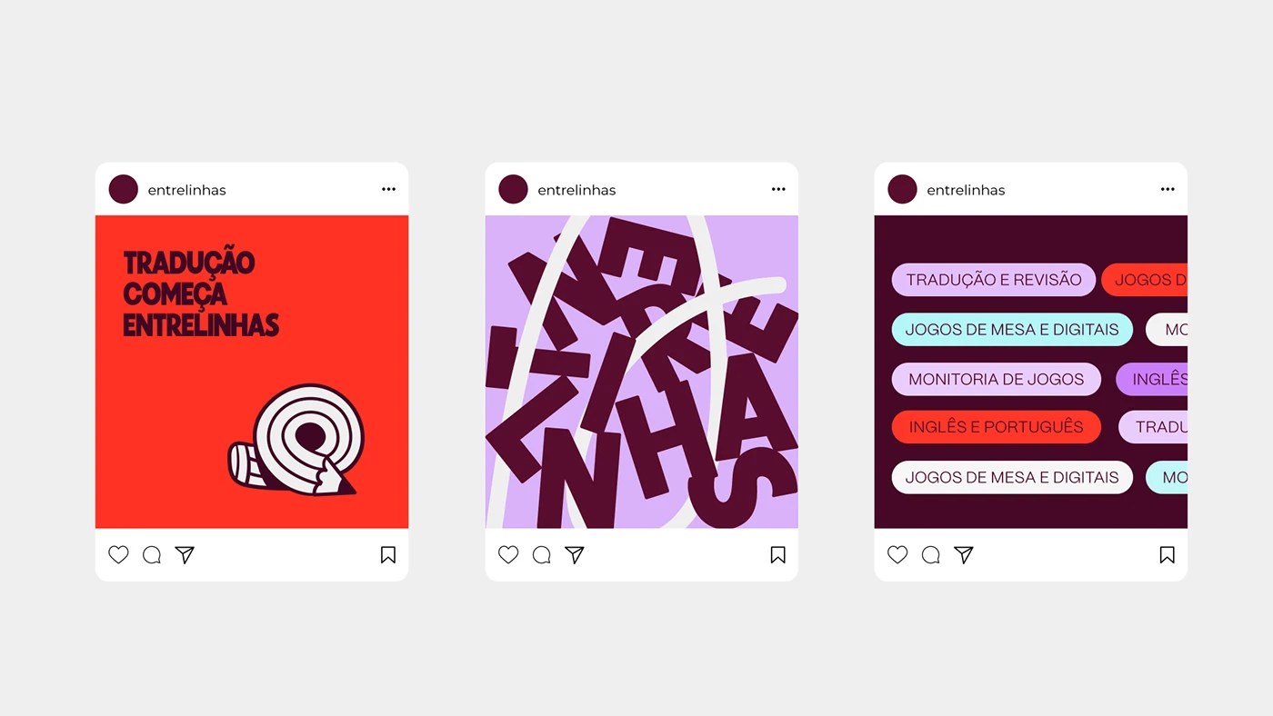 Entrelinhas brand identity design fragmented type composition at 300pt on lavender field