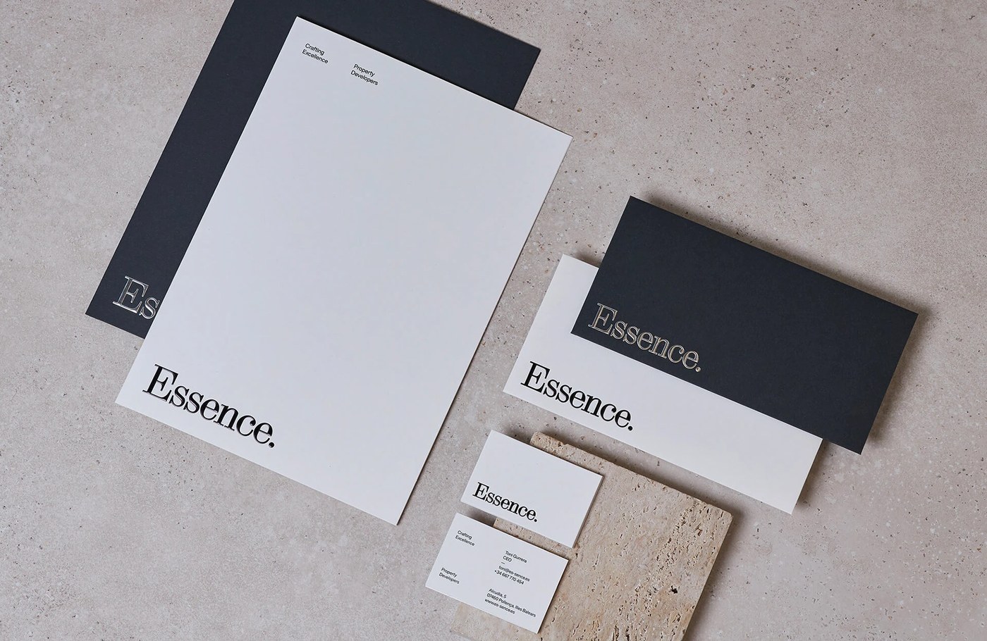Essence visual identity system blind embossed folder mockup