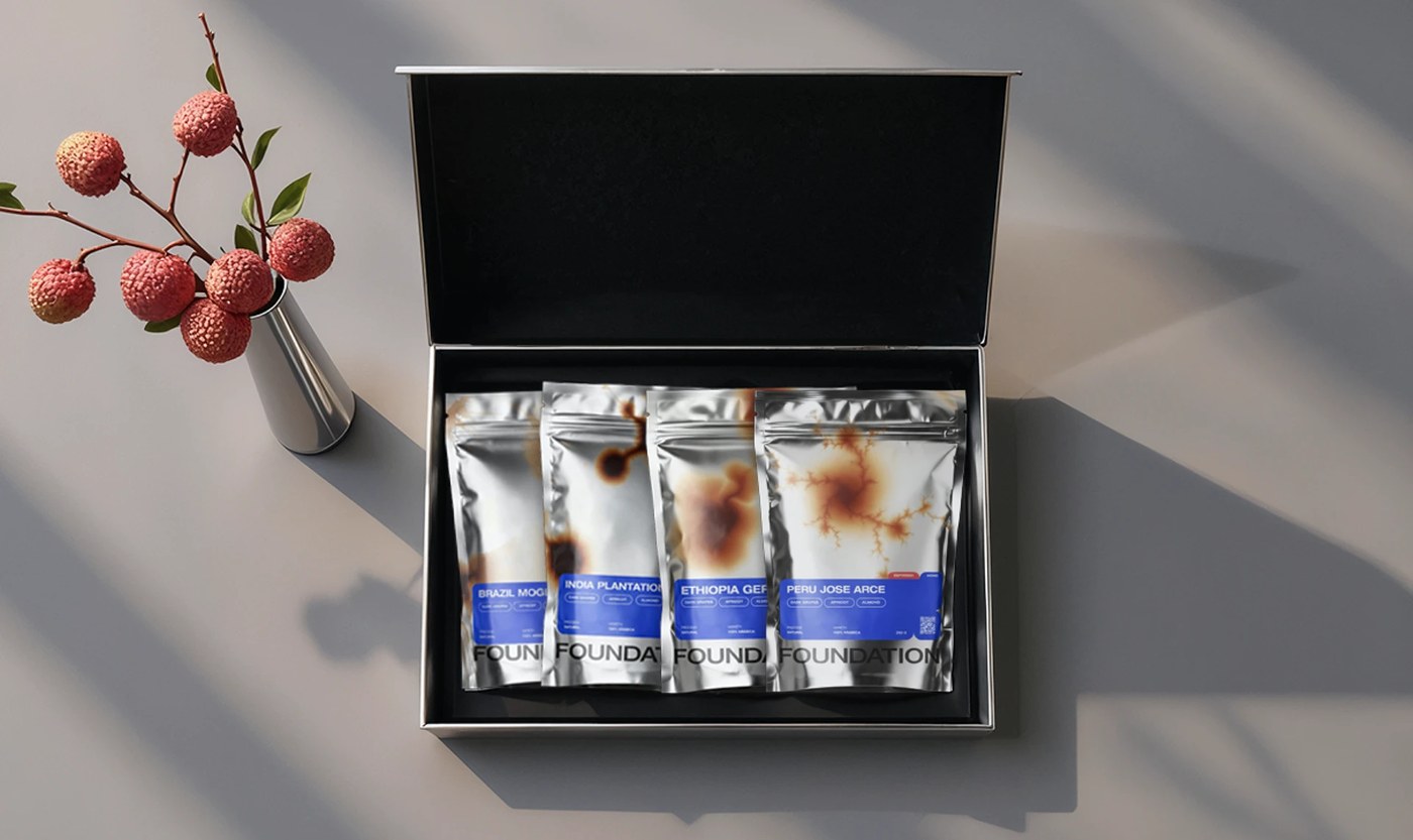 Foundation Coffee Roasters sample box brand identity brushed silver foil pouches
