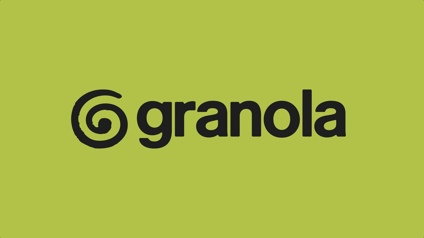 Granola logo lockup on acid lime background — hand-drawn spiral mark with Melange wordmark — brand identity design by Ragged Edge