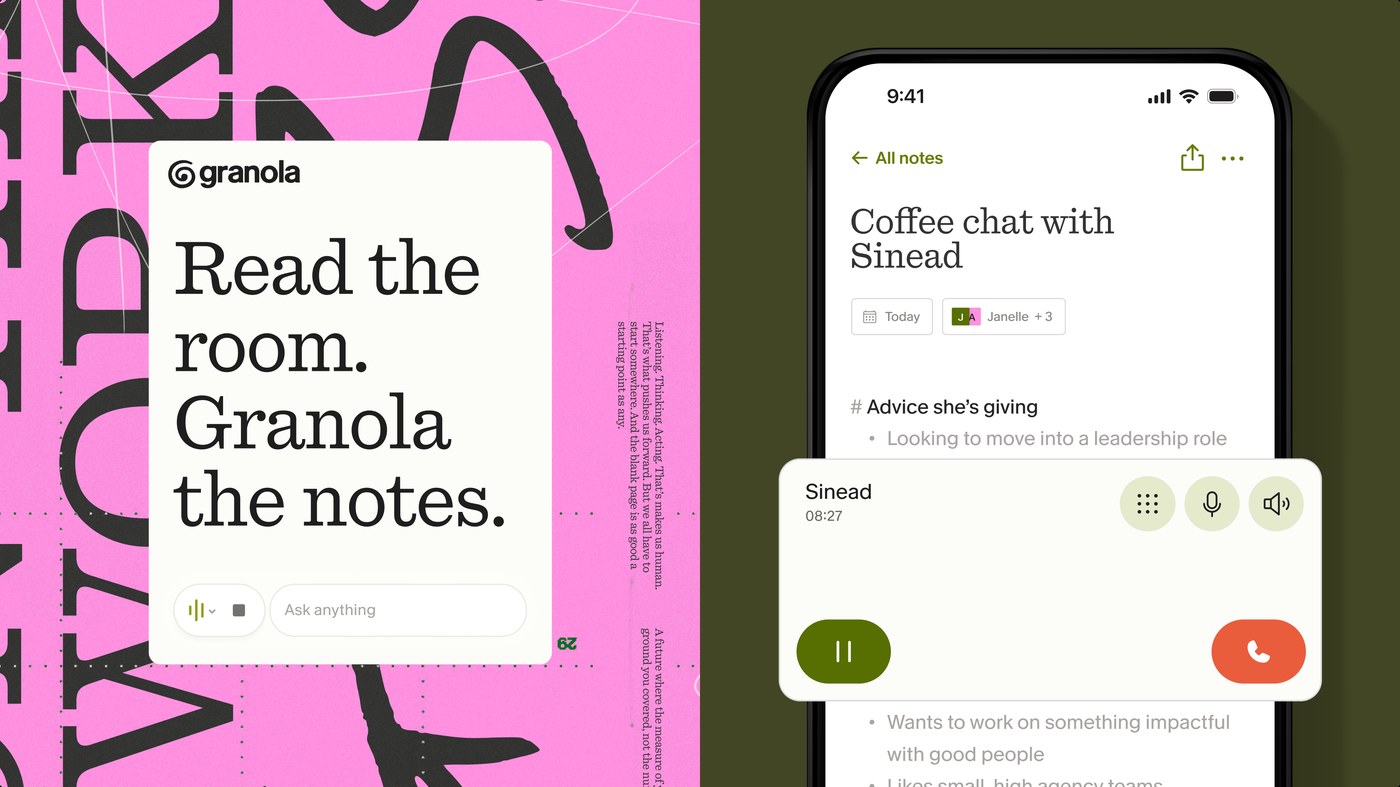 Granola brand identity — pink background with large Quadrant slab serif tagline and iPhone UI — brand identity design by Ragged Edge