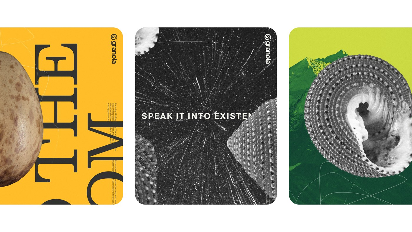 Granola brand cards — three panels with macro texture, starfield, and organic form — brand identity design by Ragged Edge