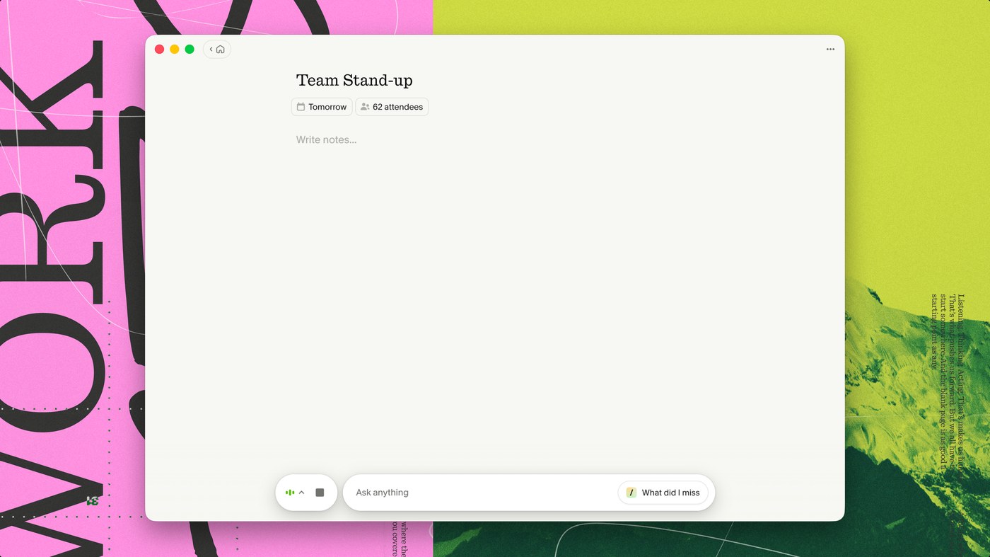 Granola macOS app window floating over pink and acid lime brand backdrop — brand identity design by Ragged Edge