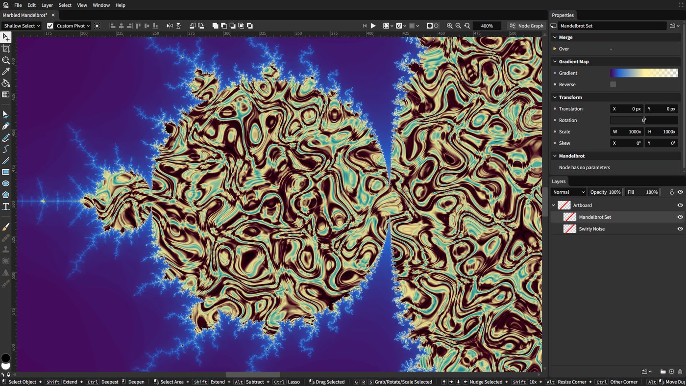 open source vector editor Graphite showing Mandelbrot fractal procedural demo