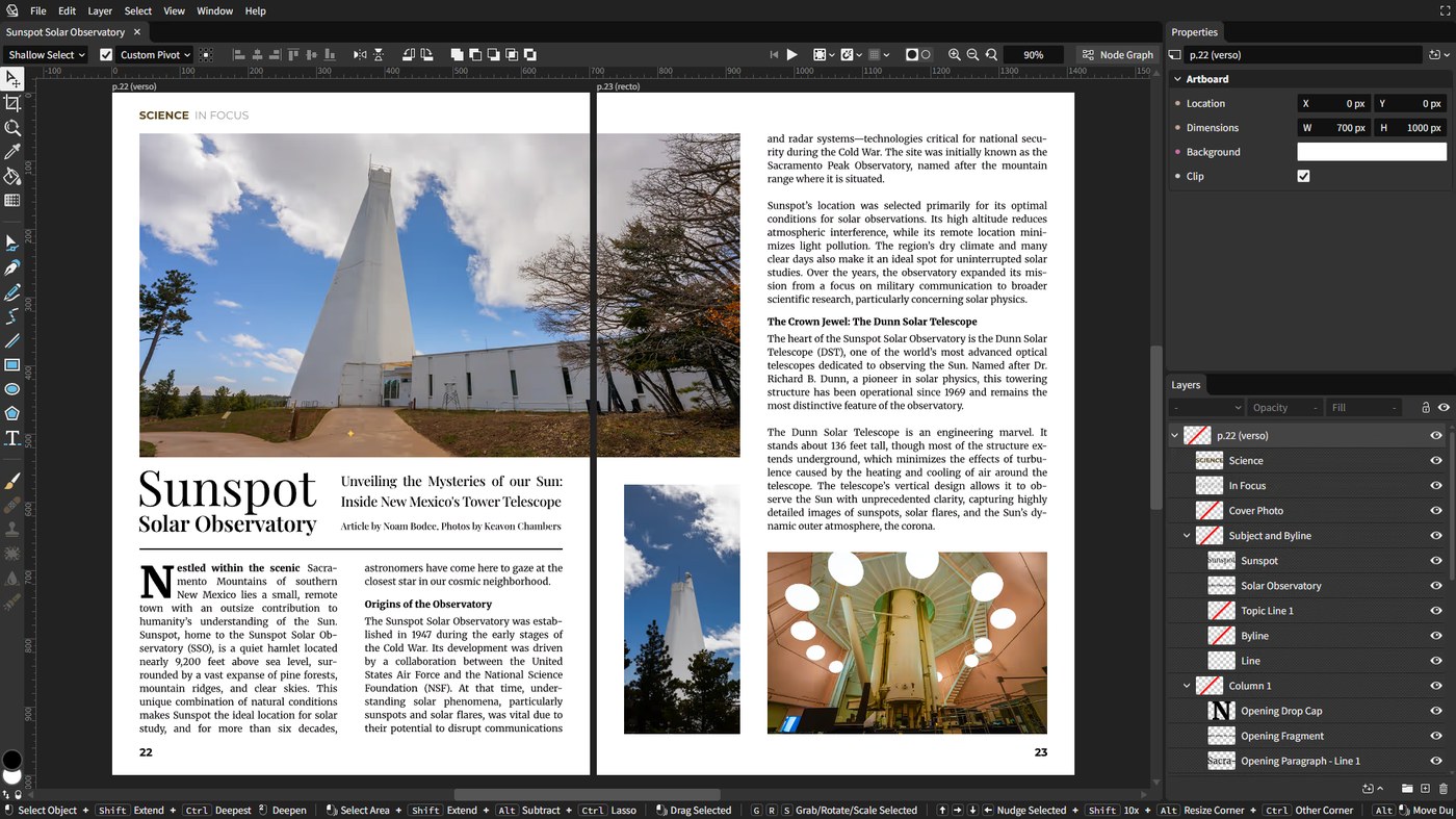 open source vector editor Graphite magazine layout demo with multi-column text