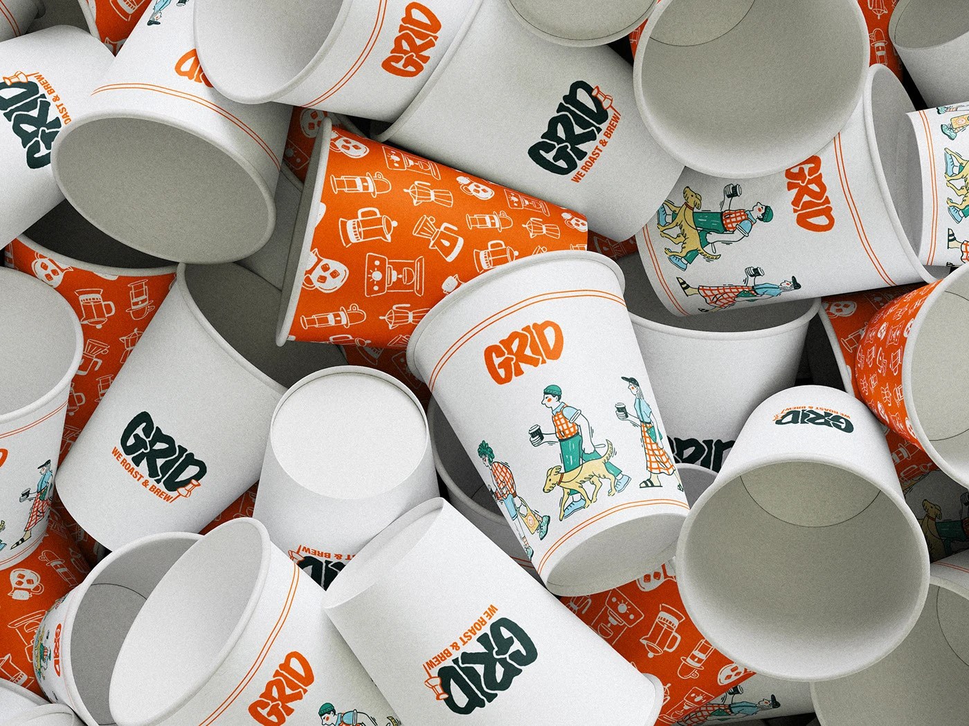 GRID coffee shop brand identity design hero — hand-rendered dark teal wordmark with orange pin icon