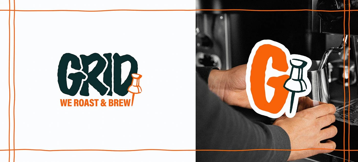 GRID coffee shop brand identity design — coffee bag packaging with hand-drawn characters on cream and teal colorways