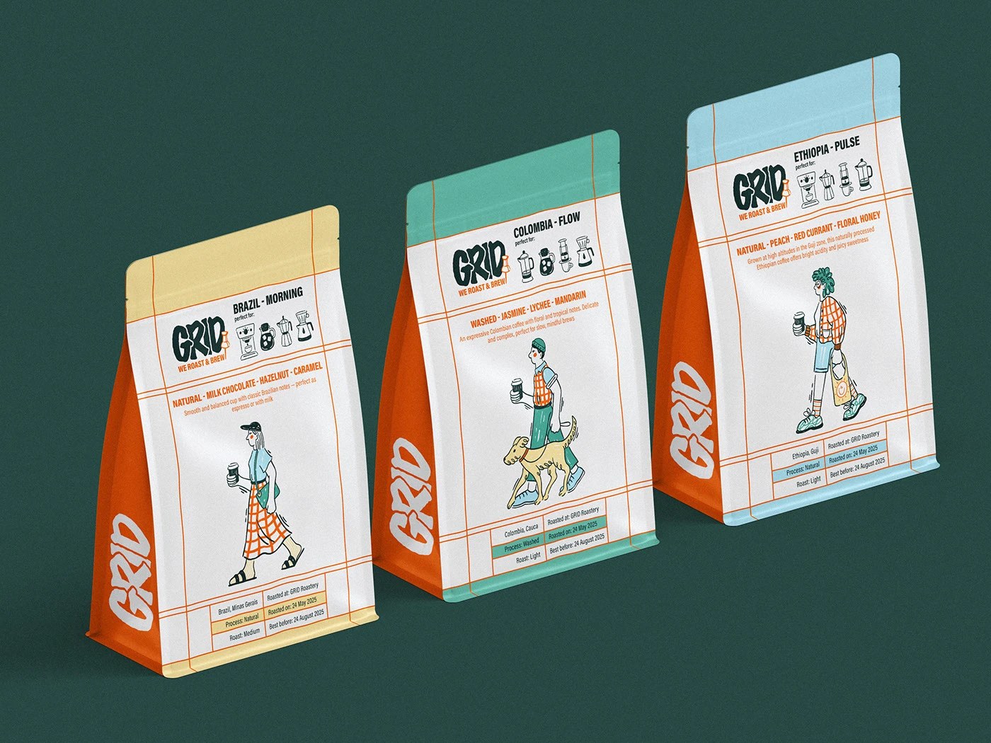 GRID coffee shop brand identity design — urban orange grid-line frame borders on branded collateral