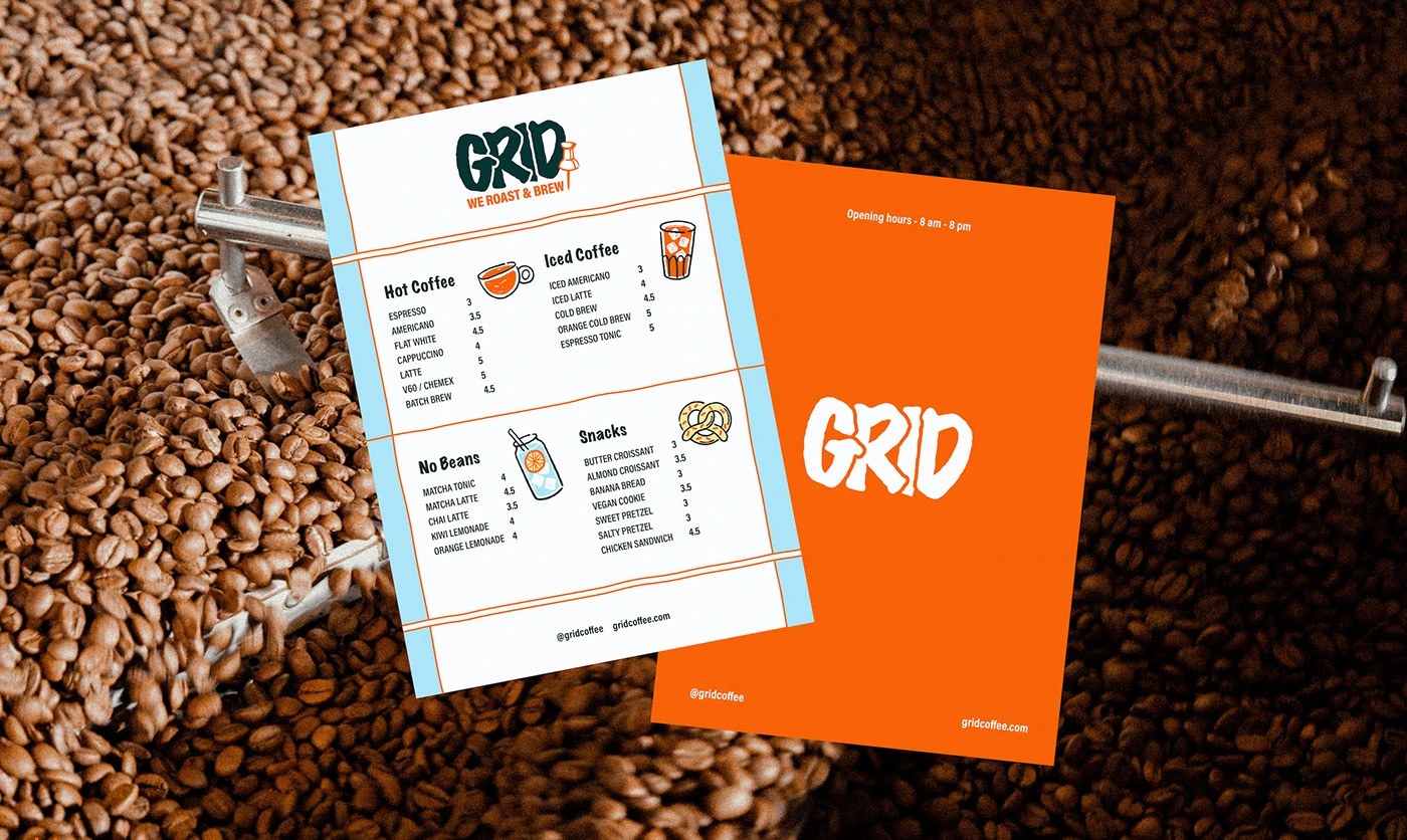 GRID coffee shop brand identity design — system scale from packaging to branded socks using unified grid rules