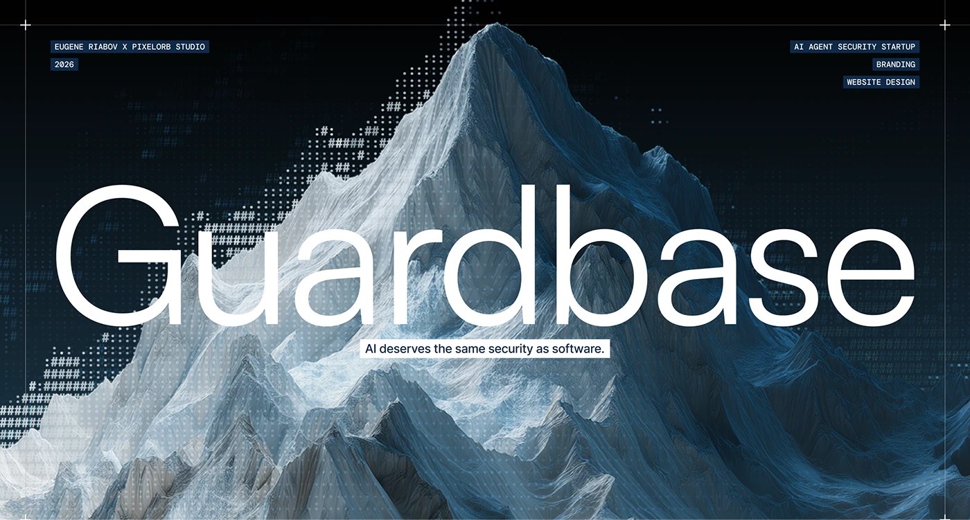 Guardbase AI security brand identity hero — glacier backdrop with dissolving dot-matrix hash overlay