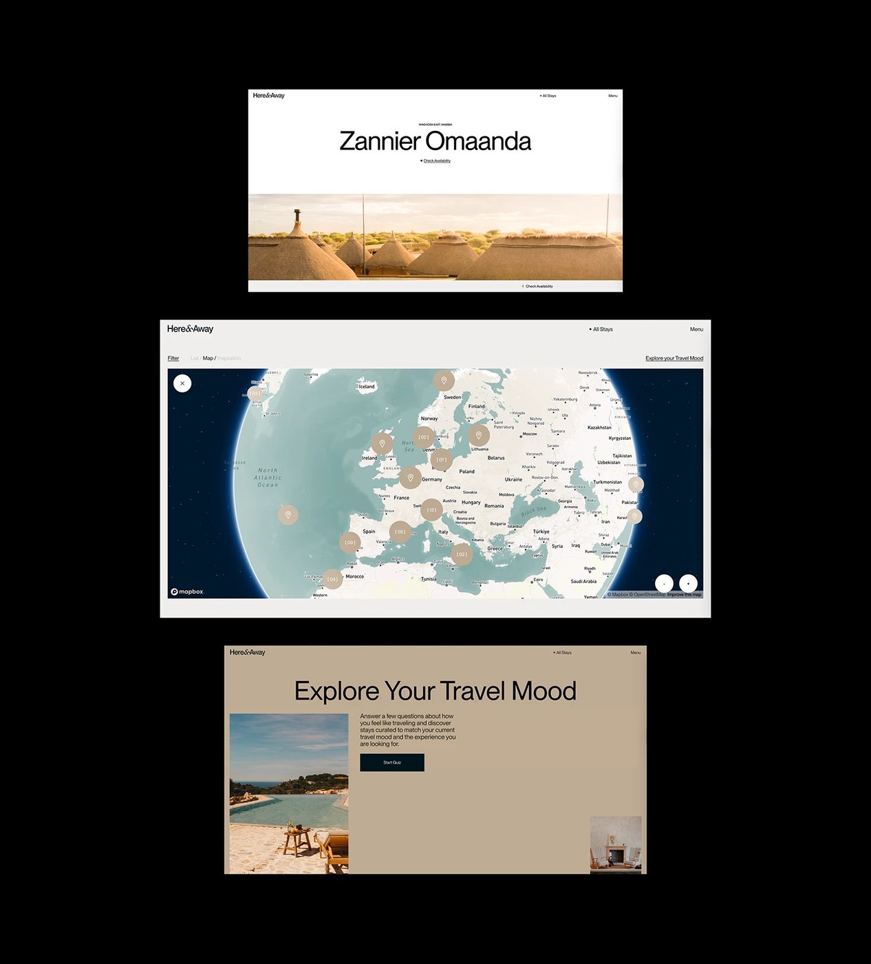 here away web design light-on-dark immersive mode earth tone palette