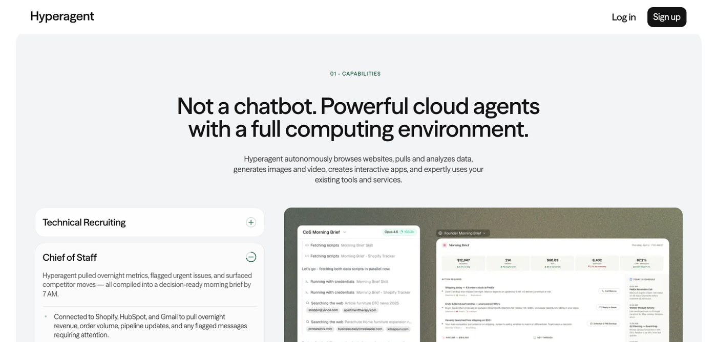 Hyperagent AI agent platform capabilities section showing Technical Recruiting and Chief of Staff agent-built UI panels with cloud computing environment heading