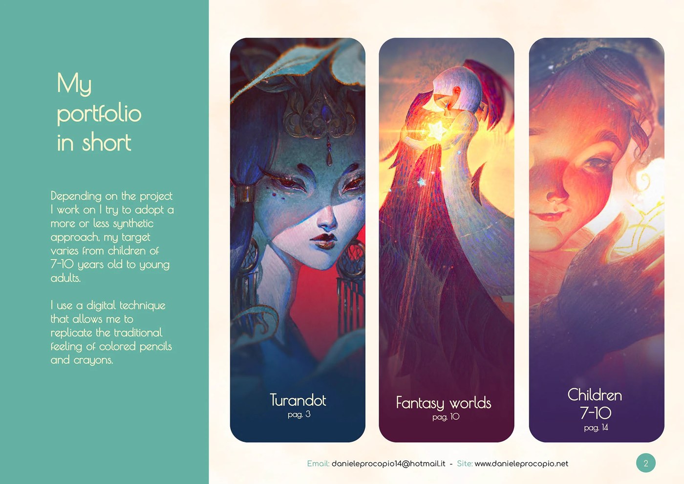 digital illustration portfolio layout showing design philosophy and style categories