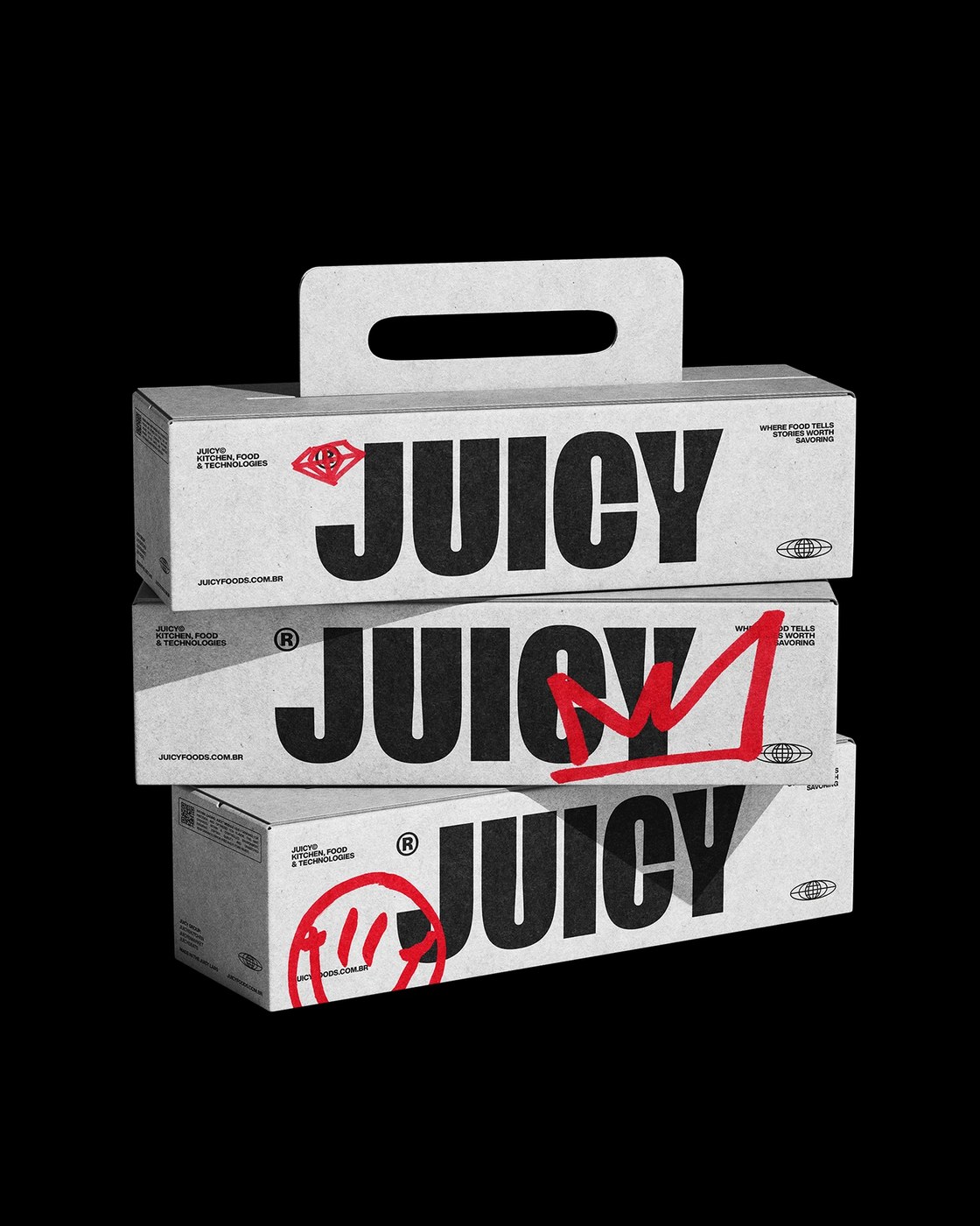 Juicy Foods food brand identity red tech UI grid overlay on near-black food photography