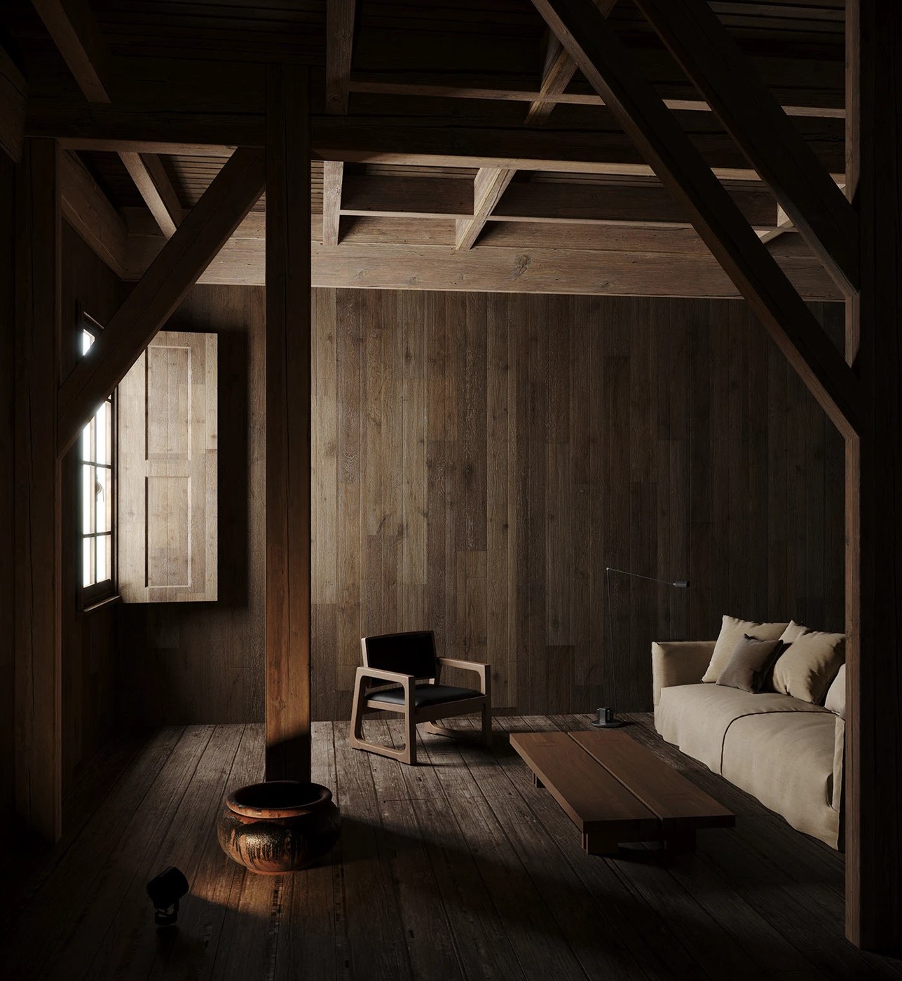 3D architectural visualization interior CGI portfolio 2026 dark timber barn by JW Renders