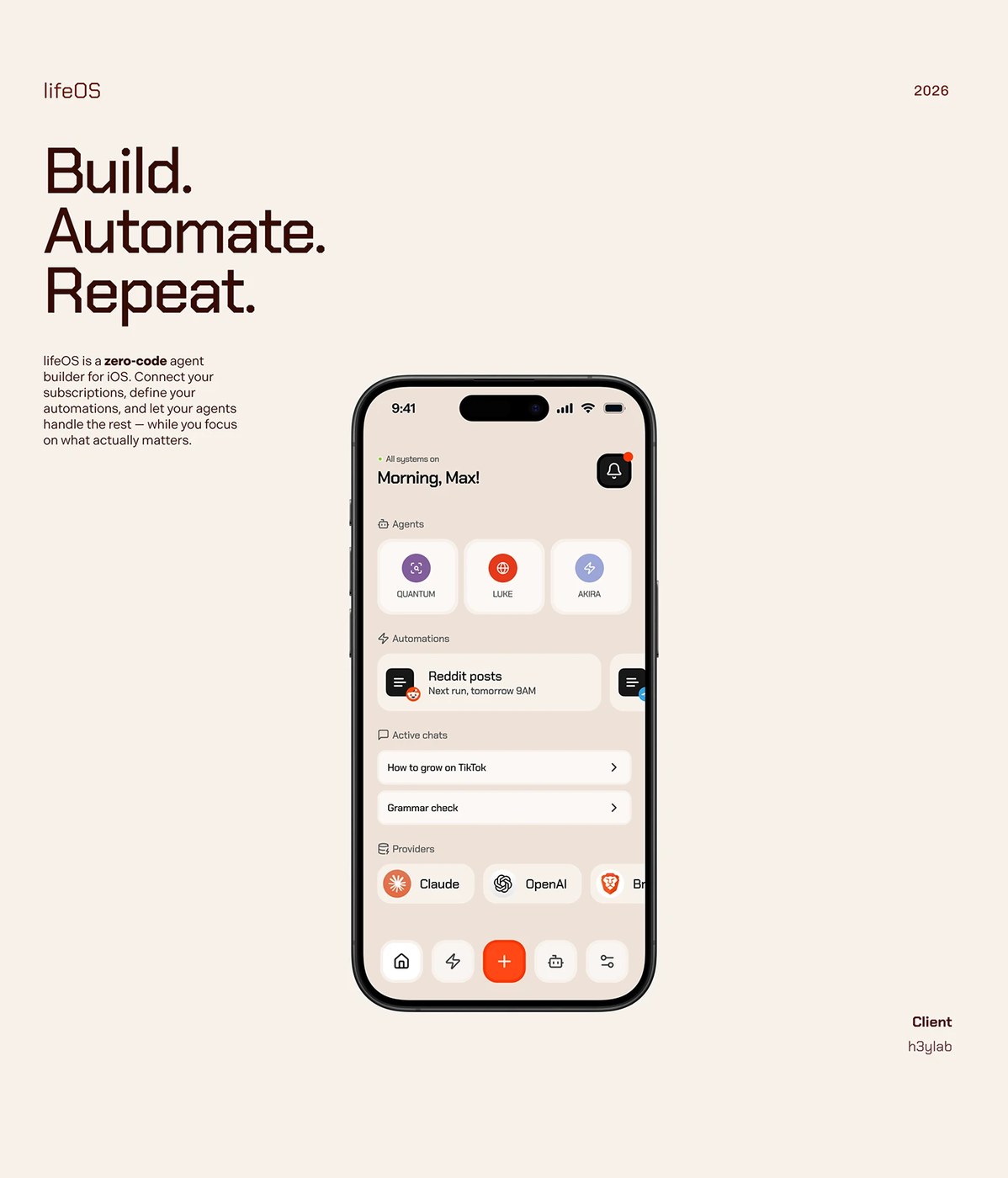 lifeOS app design card-based agent modules with glow border activity states
