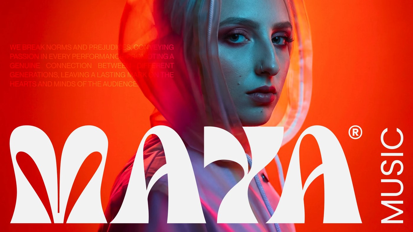 music artist brand identity design for Clara Maya — MAYA wordmark over orange-lit DJ portrait