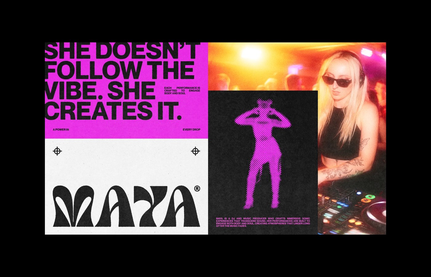 music artist brand identity design — magenta vinyl sleeve with distorted MAYA logotype