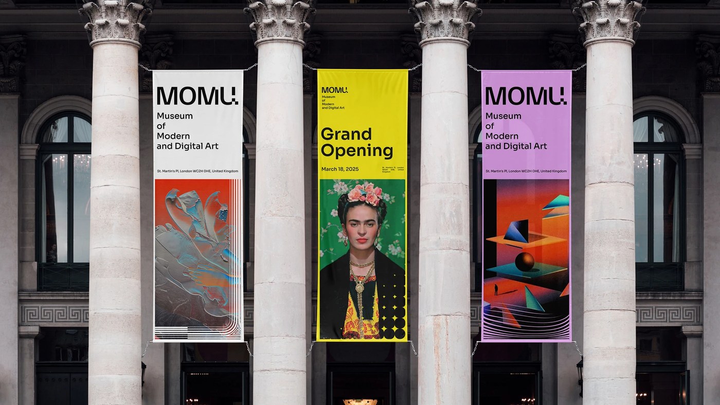 Physical banner applications showcasing the museum brand identity design.