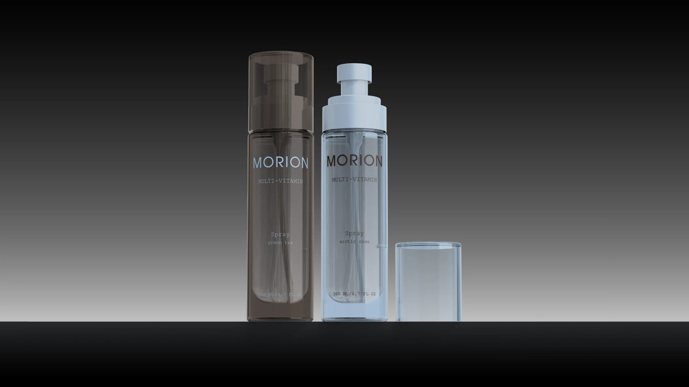 Cosmetics packaging design presenting a perfume bottle with a round grey cap and a clean typography label.