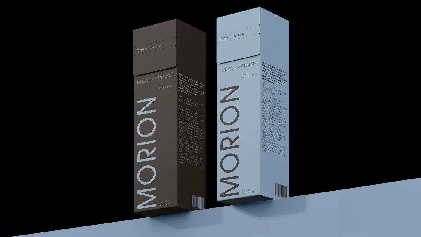 Cosmetics packaging design with MORION skincare products arranged elegantly on a textured stone surface with shadows.