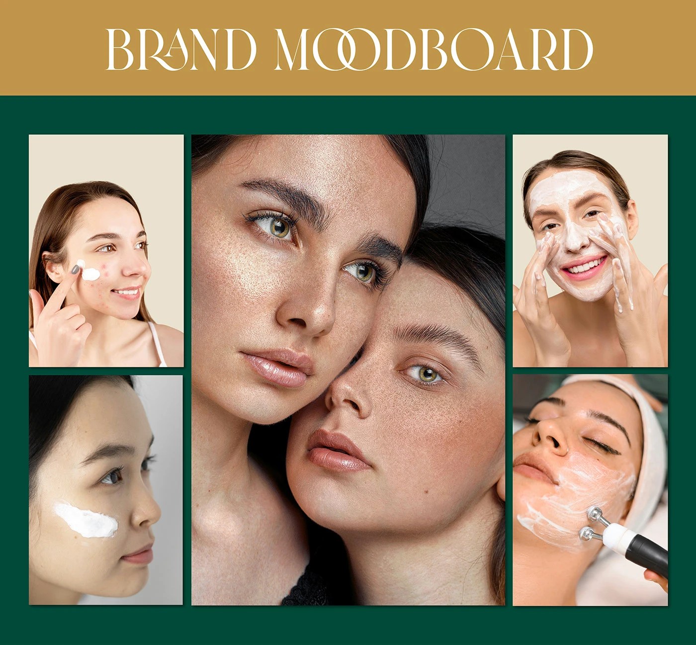 Nova Root skincare brand identity geometric monogram mark in hunter green and antique gold
