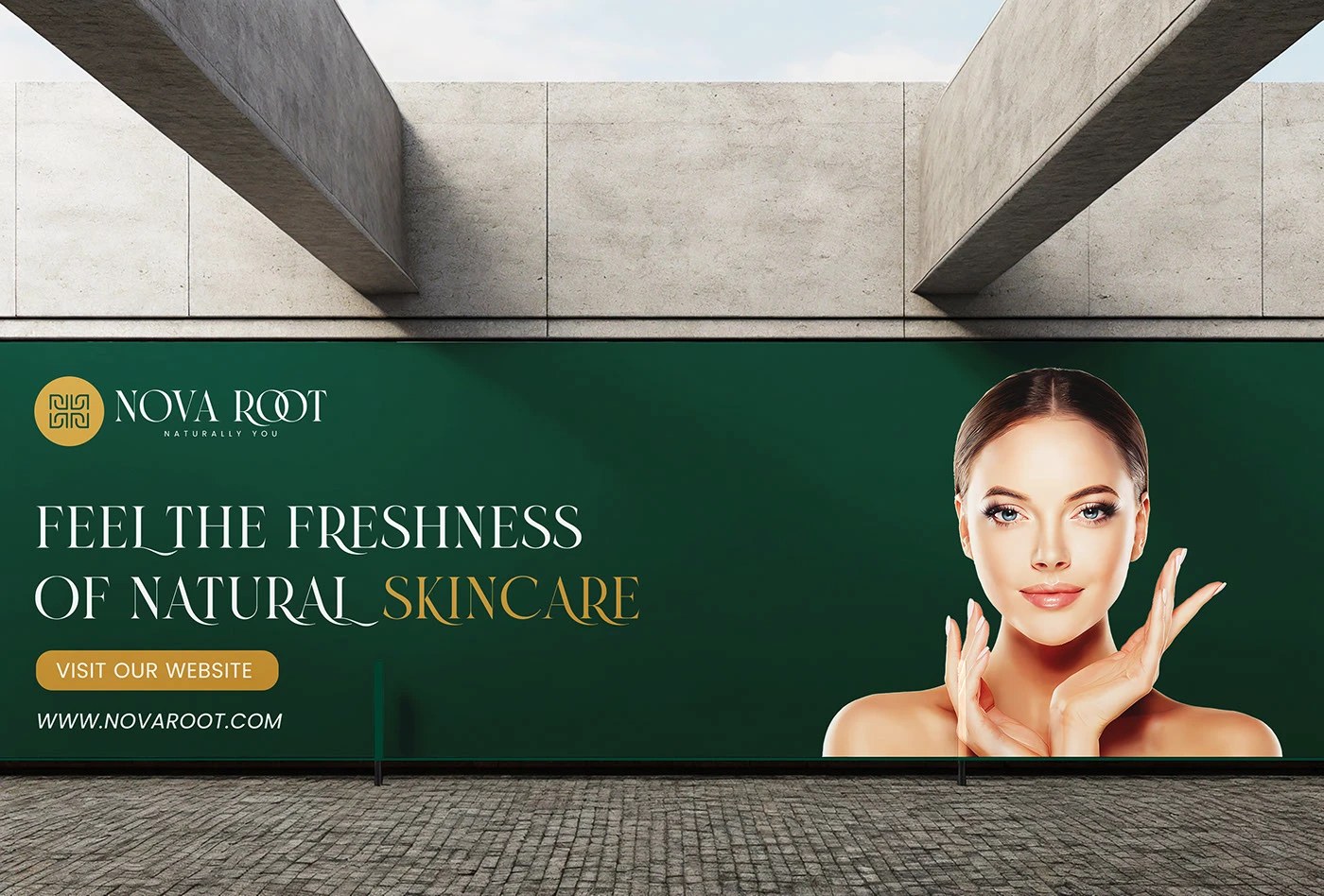 Nova Root skincare brand identity wordmark and logo badge design