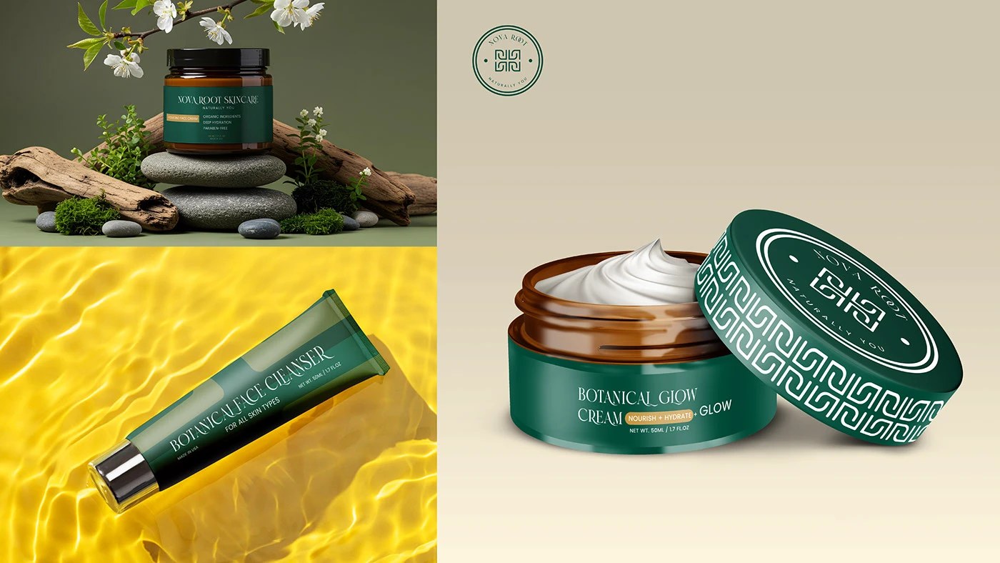 Nova Root skincare brand identity packaging — hunter green dropper bottle and lipstick tube