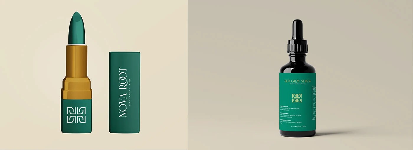 Nova Root skincare brand identity full system overview — packaging, stationery and brand campaign