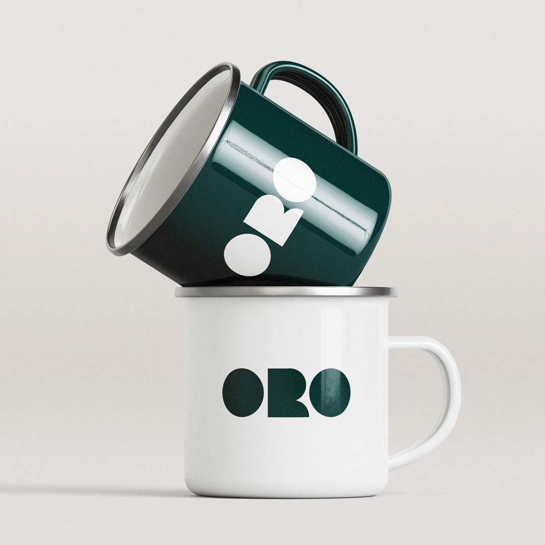 ORO coffee packaging design enamel mug and tote bag by 3rd Floor
