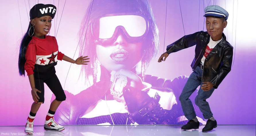 custom puppet design — string marionettes of Missy Elliott and Pharrell Williams for WTF music video