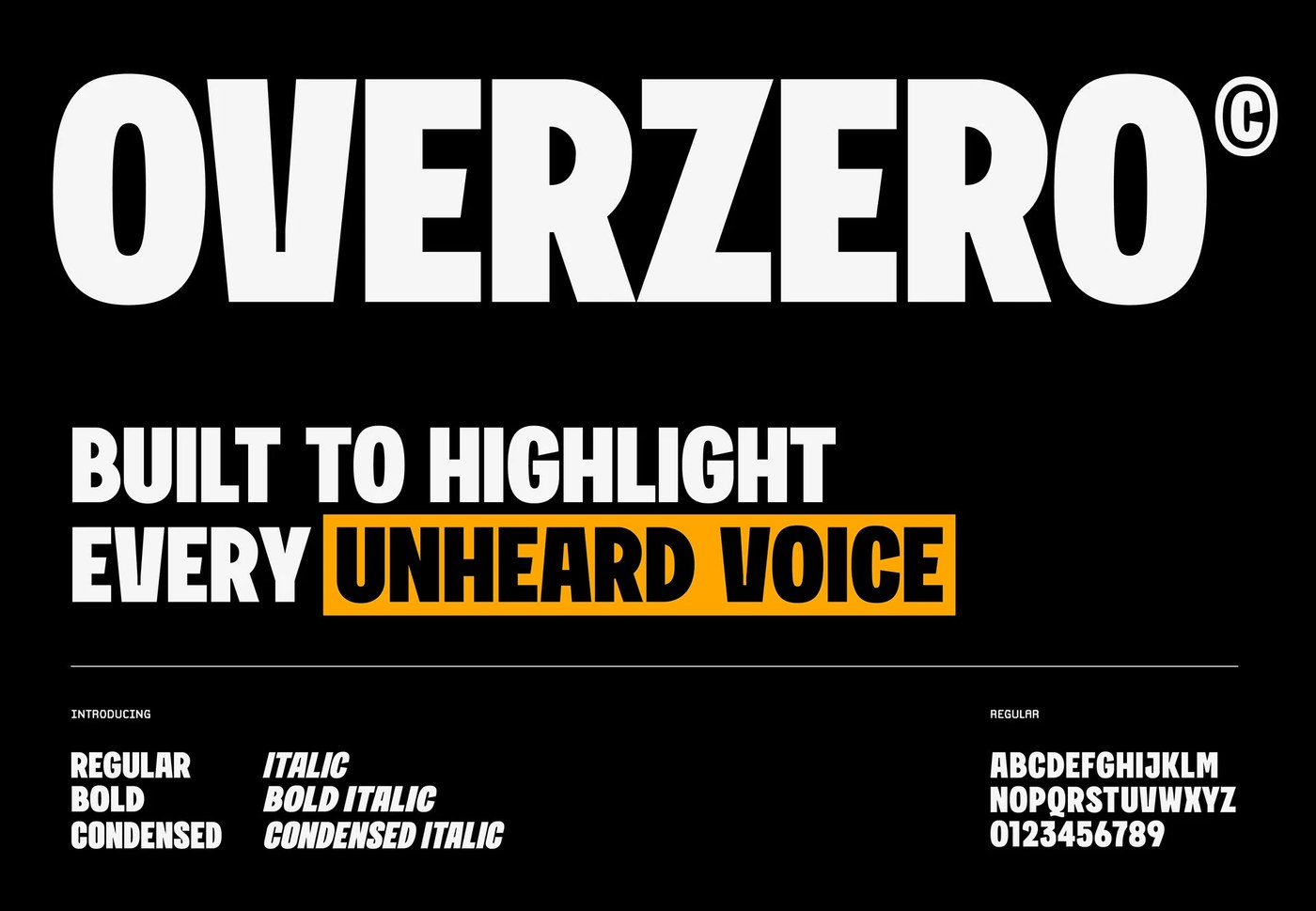 bold condensed display typeface Overzero editorial layout specimen