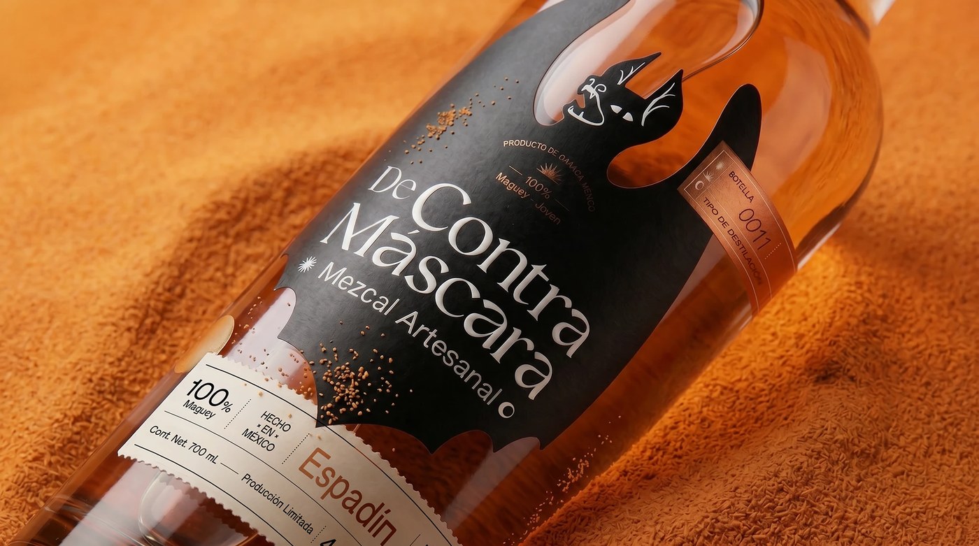 Packaging Mezcal DeContra application detail — AI design by Nani Astúa