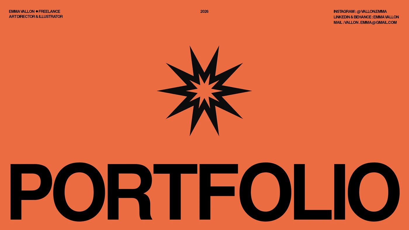 Emma Vallon freelance branding portfolio design 2026 cover: 'PORTFOLIO' in massive black extended grotesque fills the bottom of a burnt-orange field, with a 12-pointed black starburst centered above